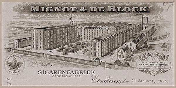 <p>A.J. Mignot en A.A.M. de Block starten de later zeer succesvolle sigarenfabriek van Mignot & De Block in Woensel, door Eindhoven in 1920 geannexeerd, aan de Kanaalstraat.</p>