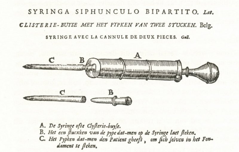 <p>Thomas Bartholin (1616-1680) publiceert na zijn studie in Leiden in zijn werk "Clyster ex Tobaco et pro eo instrumemtum novum" de oudst bekende nauwkeurige omschrijving van de tabaksrookklisteer.</p>