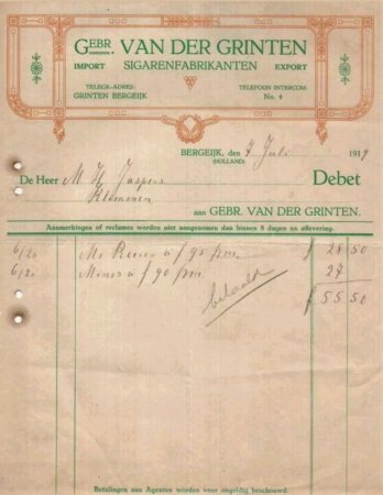 Grinten van der Gebr Sigaren fabrikanten - Bergeijk anno 1919 Grinten van der Gebr Sigaren fabrikanten - Bergeijk anno 1919