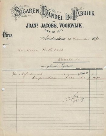 Joan.s Jacobs .Voorwijk  Sigaren Handel en Fabriek - Amsterdam 28-12-1891