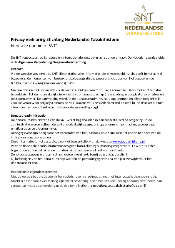 Privacy verklaring Stichting Nederlandse Tabakshistorie