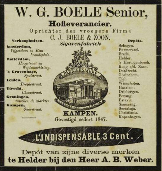 <p>C.J. Boele start met zijn zoon Willem Gerrit hun sigarenfabriek in Kampen, die zal uitgroeien tot de grootste van Kampen en een van de bekendste van Nederland met o.a. het merk Uiltje.</p>