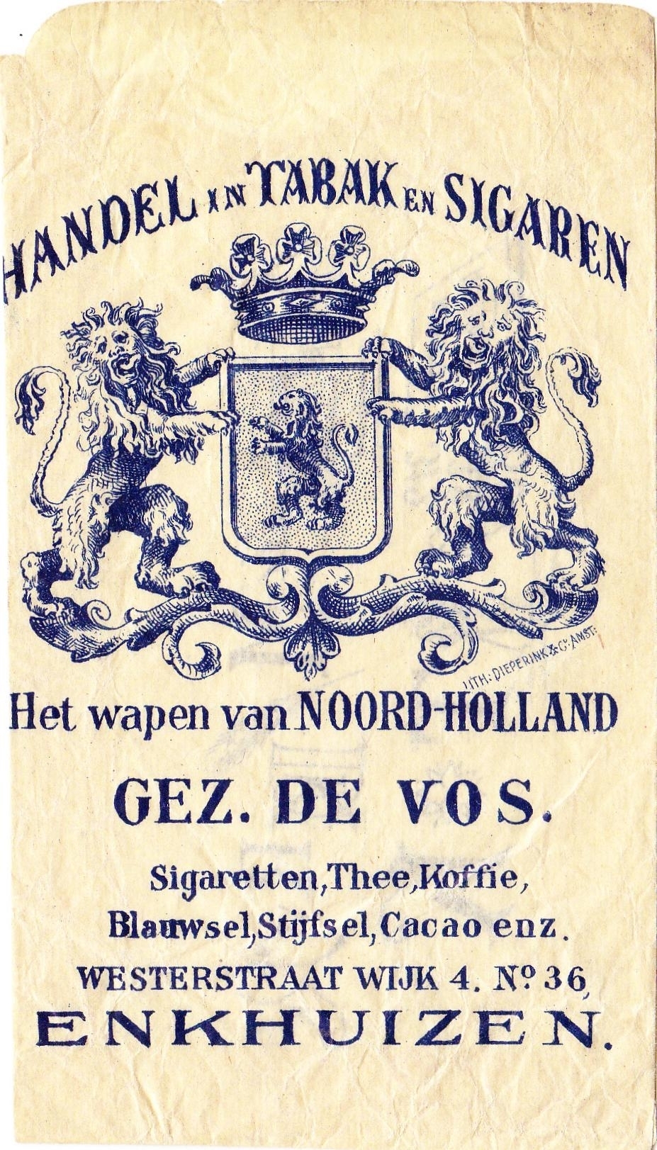 De Vos. Tabak-Sigaren en Sigaretten - Enkhuizen F De Vos. Tabak-Sigaren en Sigaretten - Enkhuizen F