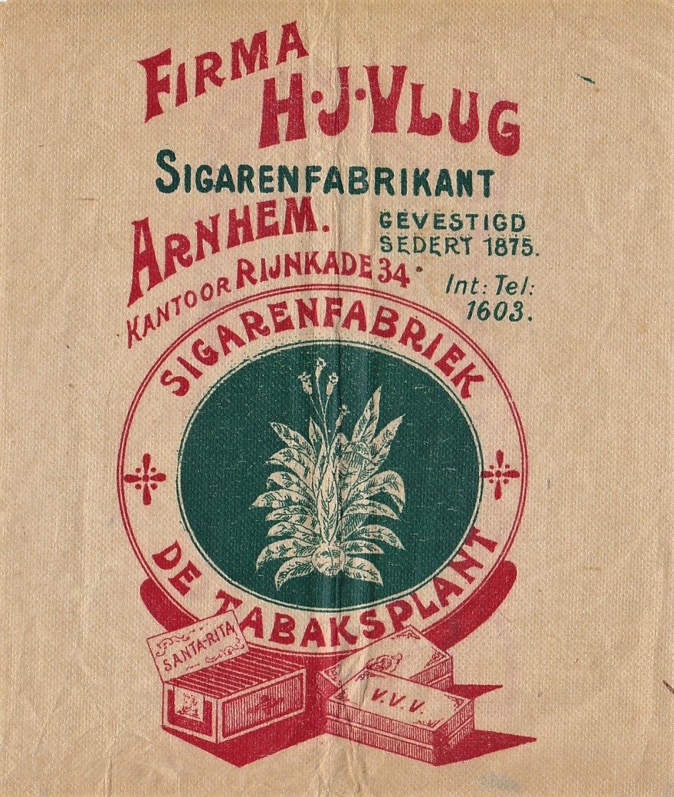 Vlug H.J. sigarenfabrikant - Arnhem sigaren zakje M Vlug H.J. sigarenfabrikant - Arnhem sigaren zakje M