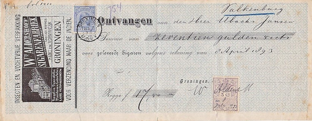Aldershoff W. Sigarenfabriek - Groningen Kwitantie 8 apr 1893 M Aldershoff W. Sigarenfabriek - Groningen Kwitantie 8 apr 1893 M