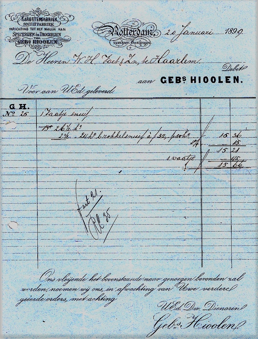 Hioolen Gebr. Snuiffabriek - Rotterdam 20 Jan 1899 M Hioolen Gebr. Snuiffabriek - Rotterdam 20 Jan 1899 M