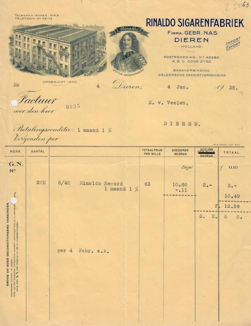 Nas Gebr. Firma "Rinaldo Sigarenfabriek" - Dieren 4-1-1935 L Nas Gebr. Firma "Rinaldo Sigarenfabriek" - Dieren 4-1-1935 L