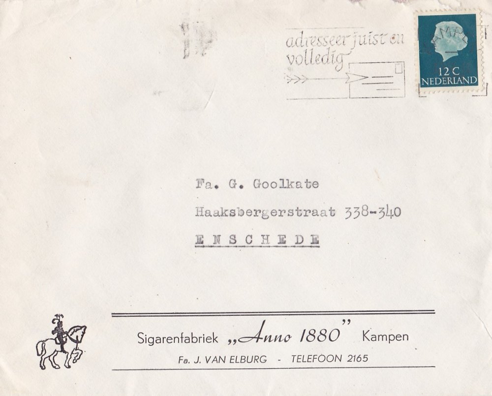 Anno 1880 Sigarenfabriek Fa J.van Elburg Kampen ENVELOP M Anno 1880 Sigarenfabriek Fa J.van Elburg Kampen ENVELOP M