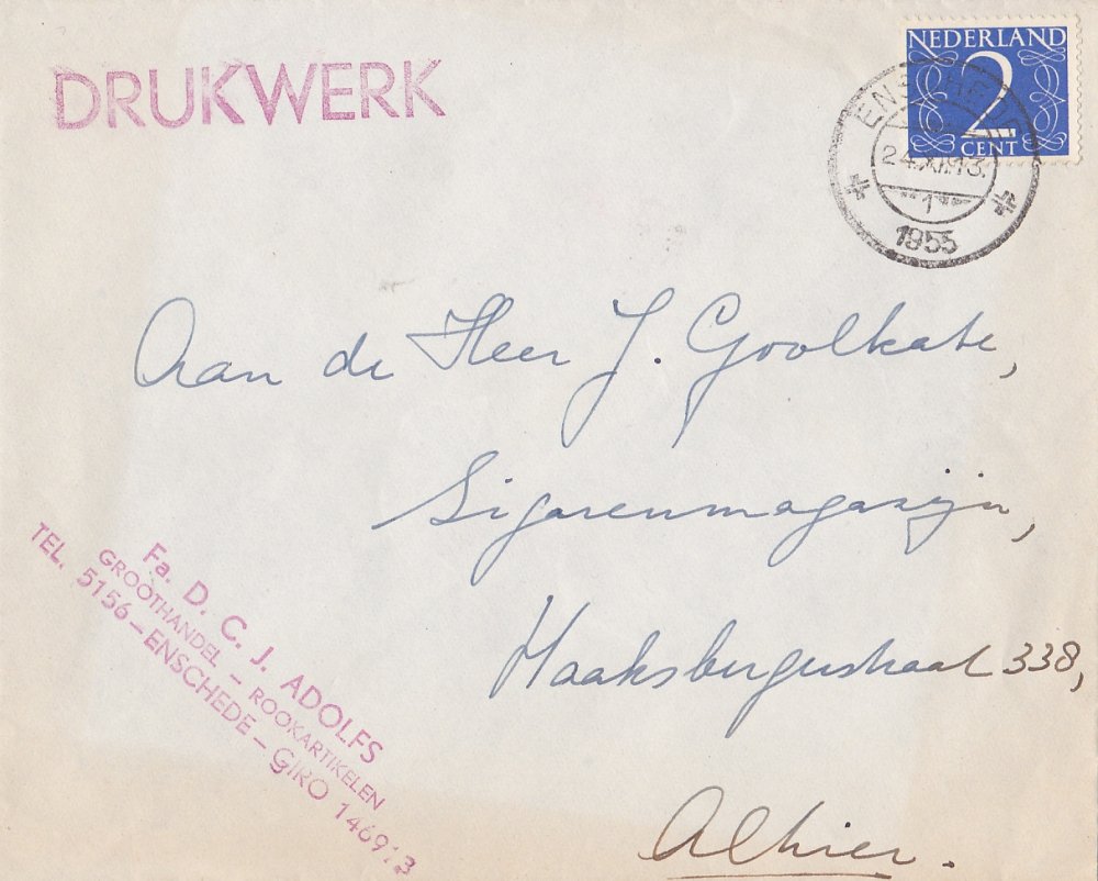 Adolfs D.C.J. Fa Groothandel Rookartikelen Enschede ENVELOP anno 1955 M Adolfs D.C.J. Fa Groothandel Rookartikelen Enschede ENVELOP anno 1955 M