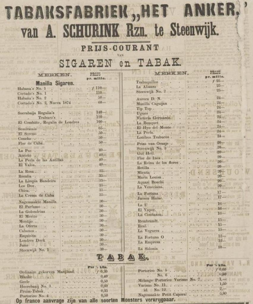 Schurink A. Rzn Tabaksfabriek het Anker - Steenwijk anno 1877 PRIJSLIJST M Schurink A. Rzn Tabaksfabriek het Anker - Steenwijk anno 1877 PRIJSLIJST M