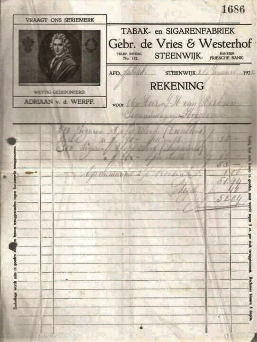 Vries de Gebr. en Westerhof Tabak en Sigarenfabriek - Steenwijk anno 1922 M Vries de Gebr. en Westerhof Tabak en Sigarenfabriek - Steenwijk anno 1922 M