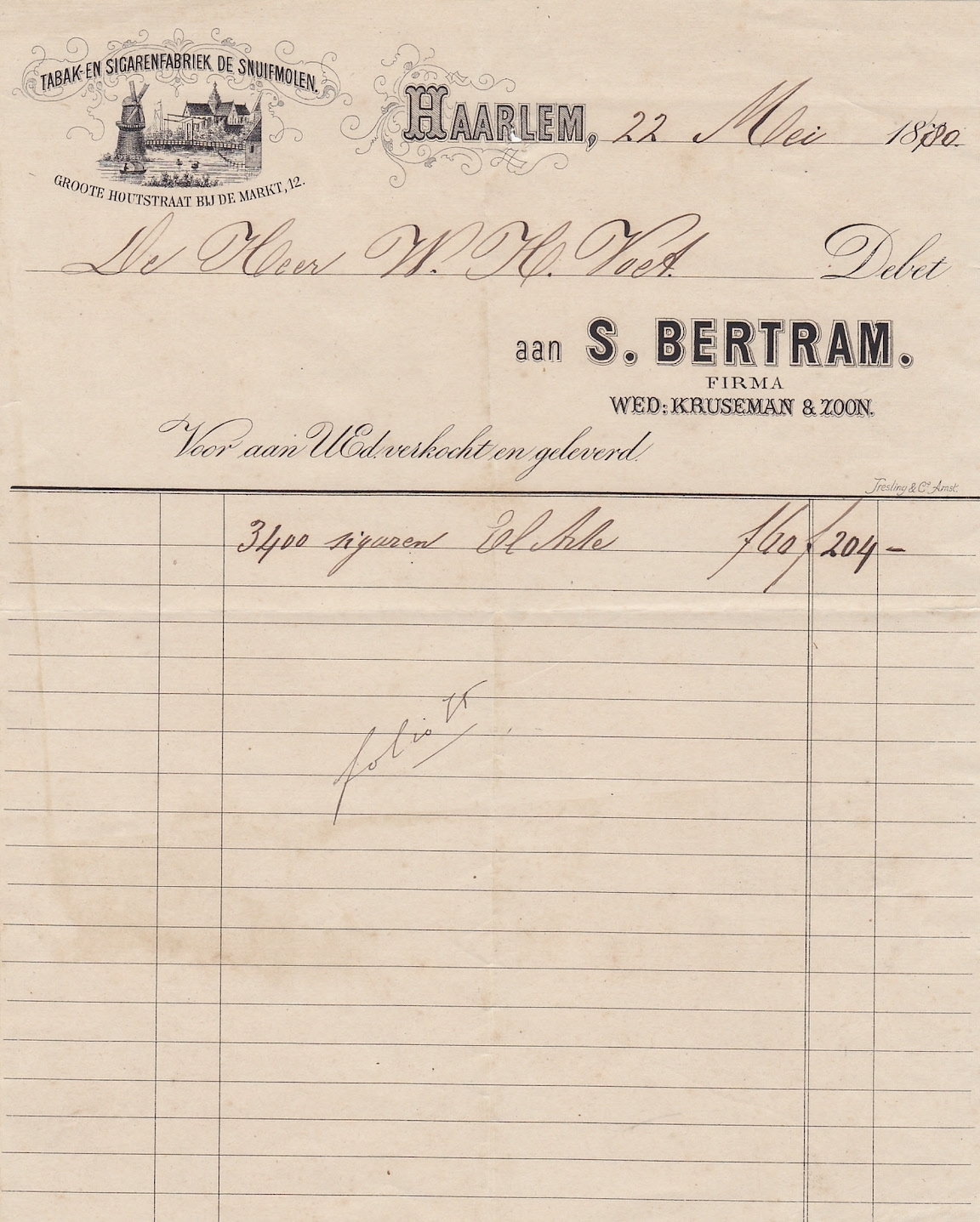 Bertram S. Tabak en Sigarenfabriek De Snuifmolen - Haarlem 22 Mei 1880 M Bertram S. Tabak en Sigarenfabriek De Snuifmolen - Haarlem 22 Mei 1880 M