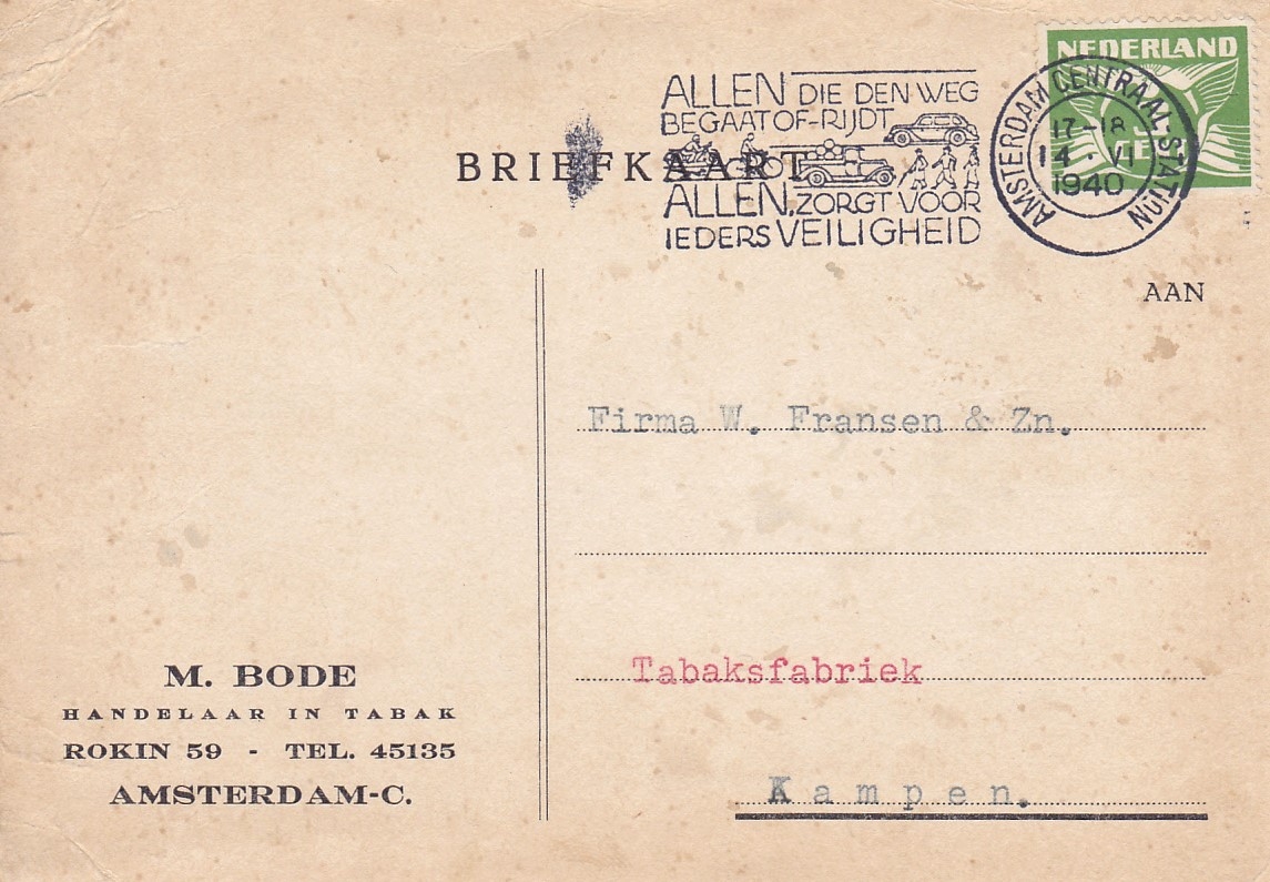 Bode M. Handelaar in tabak - Amsterdam anno 1940 BRIEFKAART M Bode M. Handelaar in tabak - Amsterdam anno 1940 BRIEFKAART M