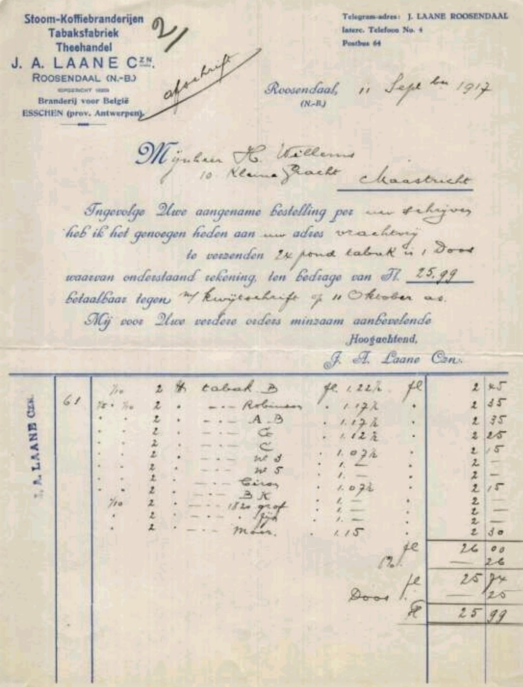 Laane J.A. Czn. Stoom-Koffiebranderijen Tabaksfabriek - Roosendaal anno 1917 M Laane J.A. Czn. Stoom-Koffiebranderijen Tabaksfabriek - Roosendaal anno 1917 M