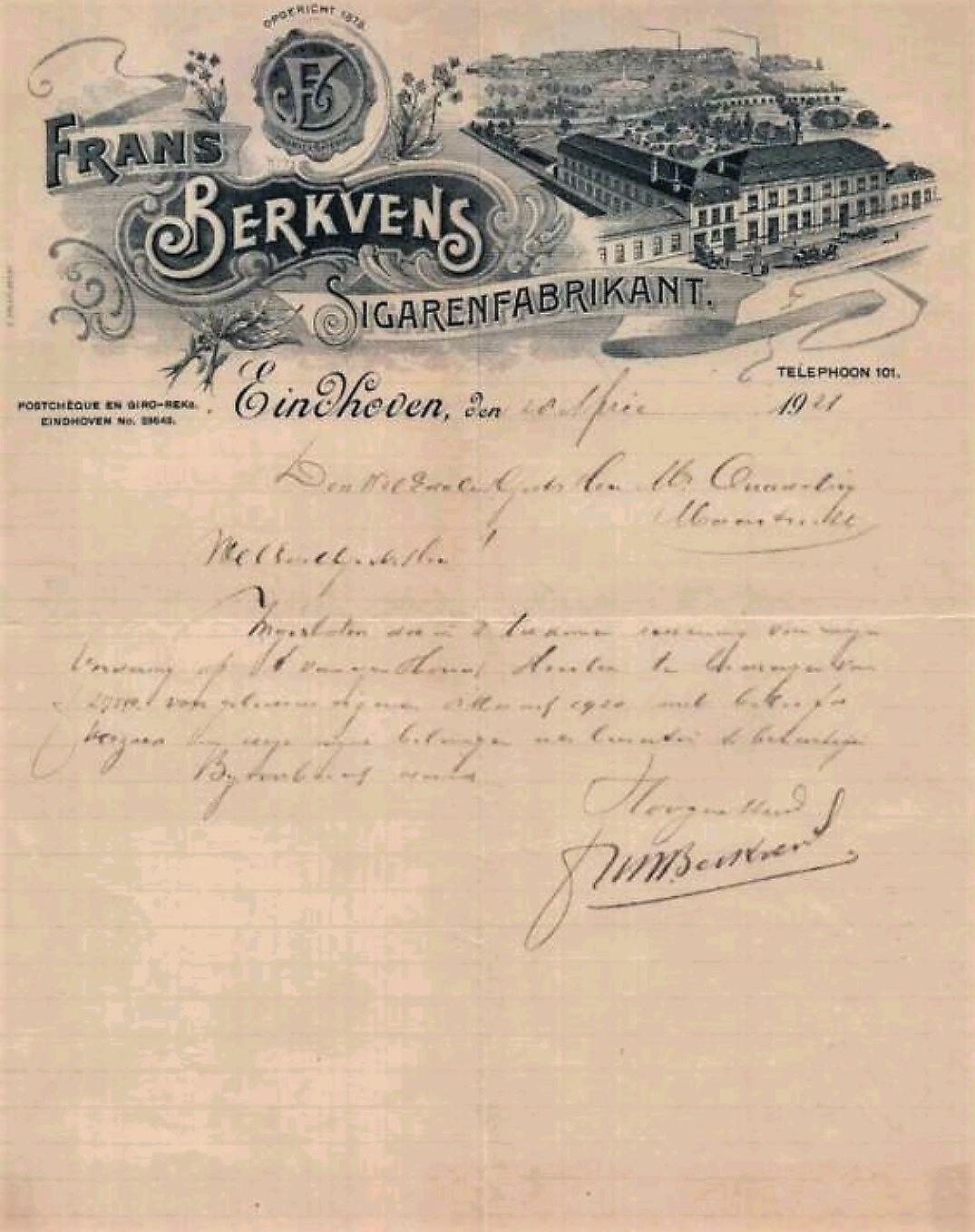 Berkvens Frans Sigarenfabrikant - Eindhoven anno 1921 BRIEF MP Berkvens Frans Sigarenfabrikant - Eindhoven anno 1921 BRIEF MP