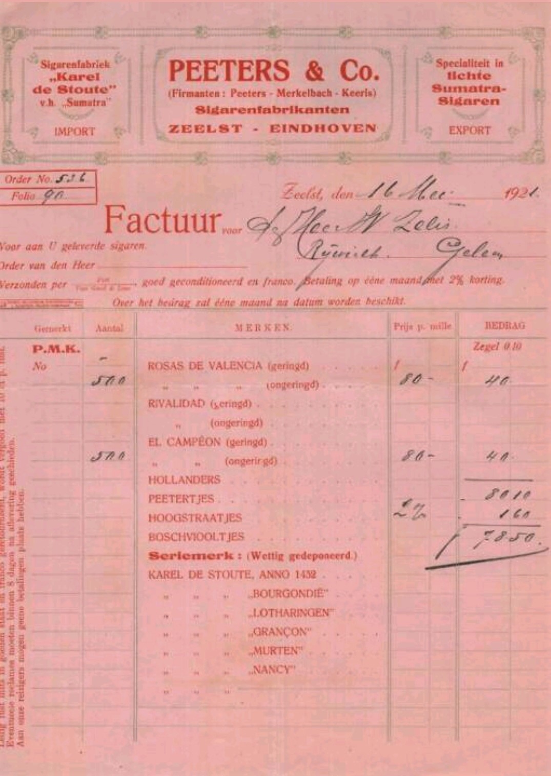 Peeters en Co Sigaren fabrikanten - Zeelst Eindhoven anno 1921 MP Peeters en Co Sigaren fabrikanten - Zeelst Eindhoven anno 1921 MP