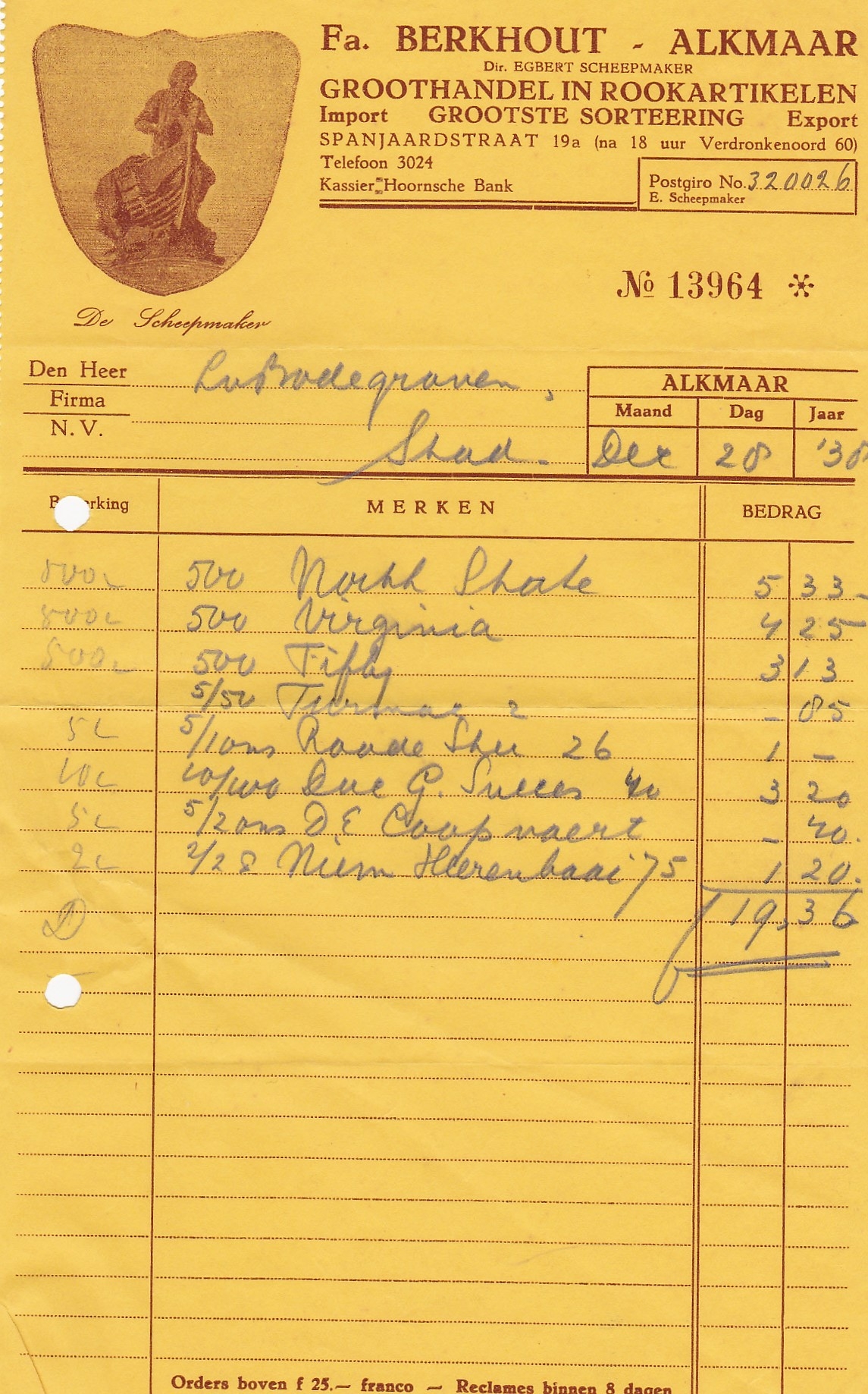 Berkhout Fa. Groothandel - Alkmaar anno 1938 M Berkhout Fa. Groothandel - Alkmaar anno 1938 M