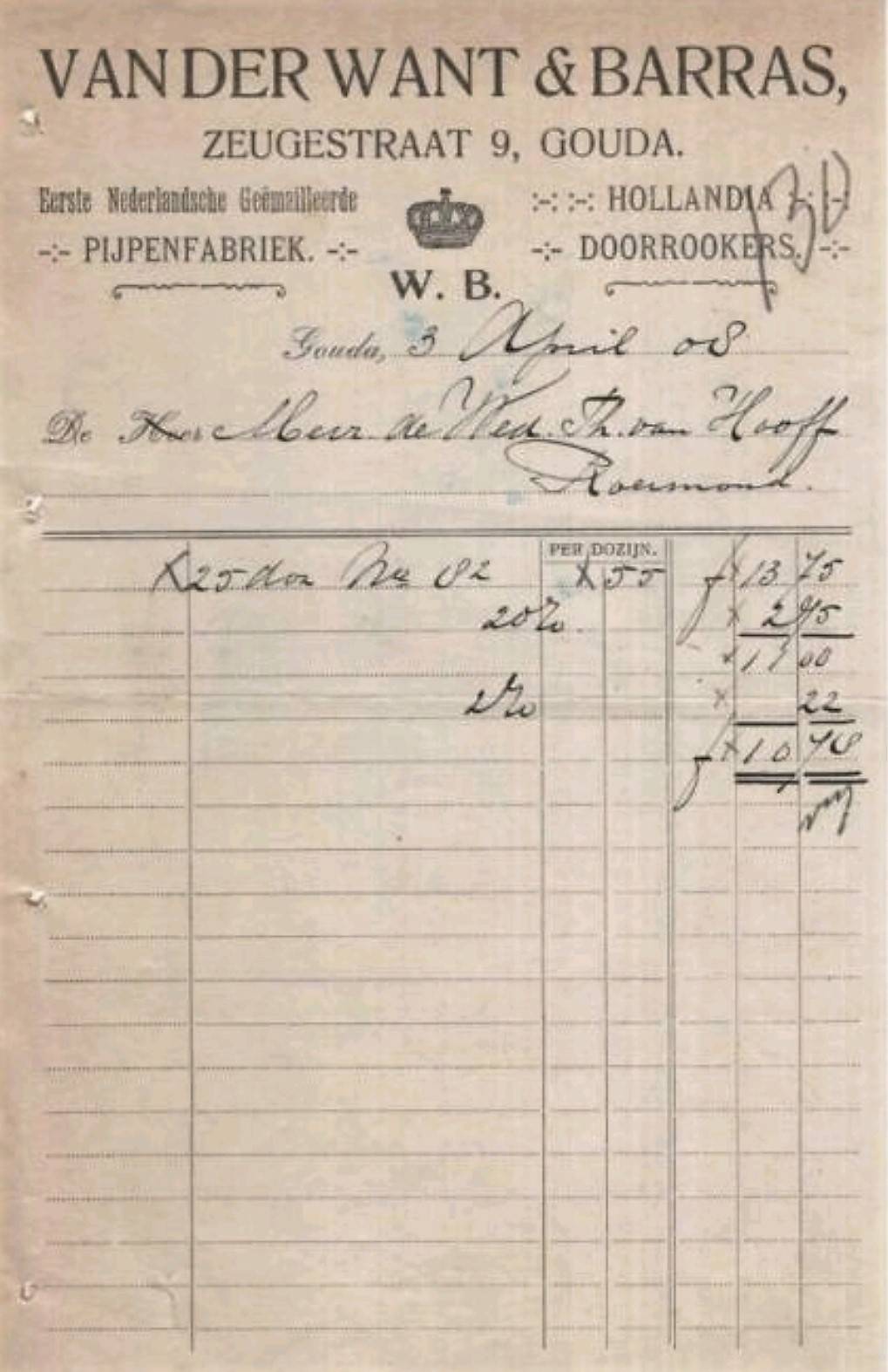 Want van der en Barras, Pijpenfabriek, Gouda, anno 1908, MP Want van der en Barras, Pijpenfabriek, Gouda, anno 1908, MP
