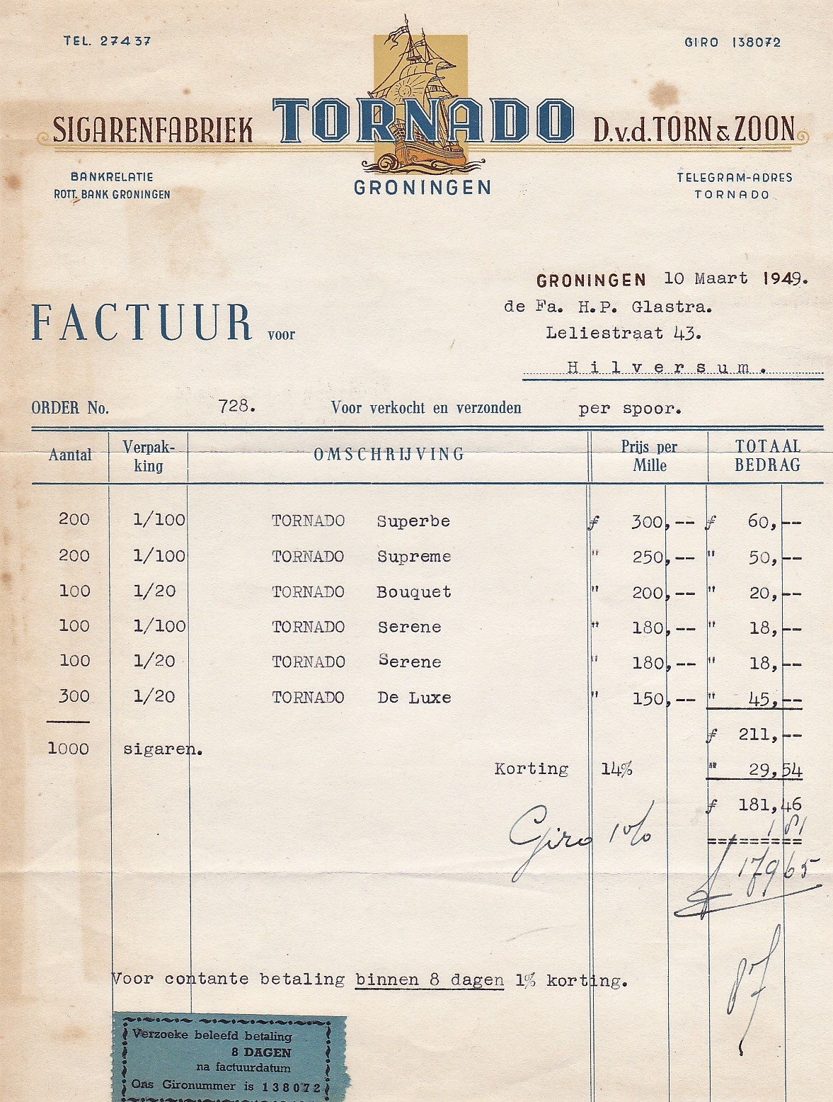 Torn D.v.d. en Zoon Sigarenfabriek Tornado - Groningen anno 10-maart-1949 M Torn D.v.d. en Zoon Sigarenfabriek Tornado - Groningen anno 10-maart-1949 M