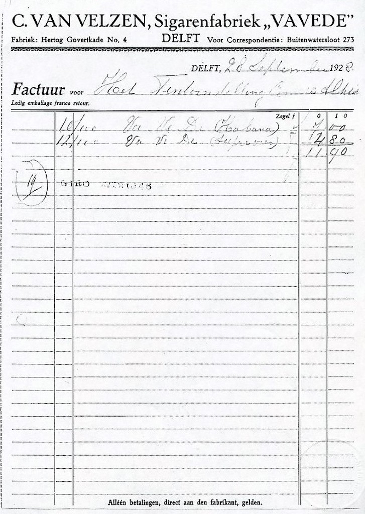 Velzen C. van Sigarenfabriek VAVEDE - Delft anno 28-september-1928 L Velzen C. van Sigarenfabriek VAVEDE - Delft anno 28-september-1928 L
