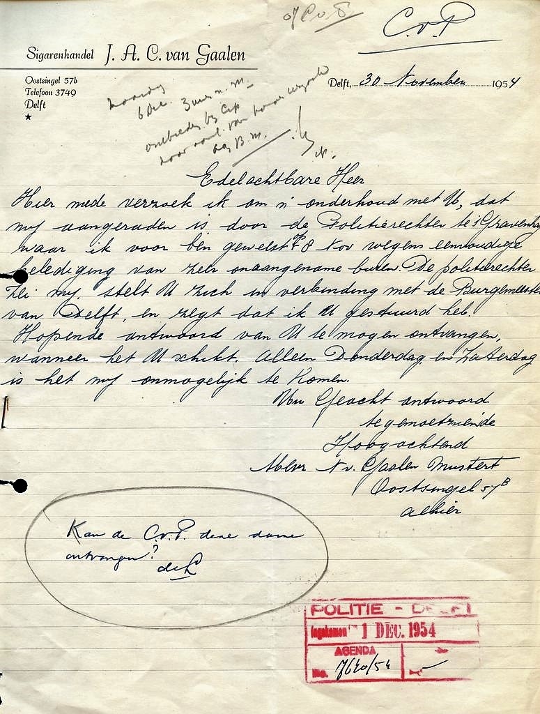 Gaalen J.A.C. van, Sigarenhandel - Delft anno 30-november-1954 BRIEF L Gaalen J.A.C. van, Sigarenhandel - Delft anno 30-november-1954 BRIEF L