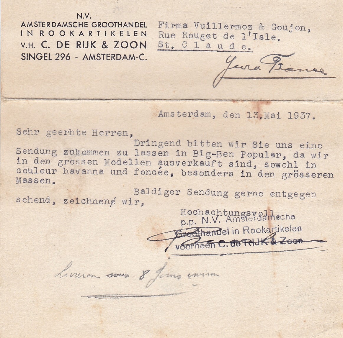 Amsterdamsche Groothandel in Rookartikelen, vh Rijk C., Amsterdam, anno 13-mei-1937, BRIEFKAART, M Amsterdamsche Groothandel in Rookartikelen, vh Rijk C., Amsterdam, anno 13-mei-1937, BRIEFKAART, M