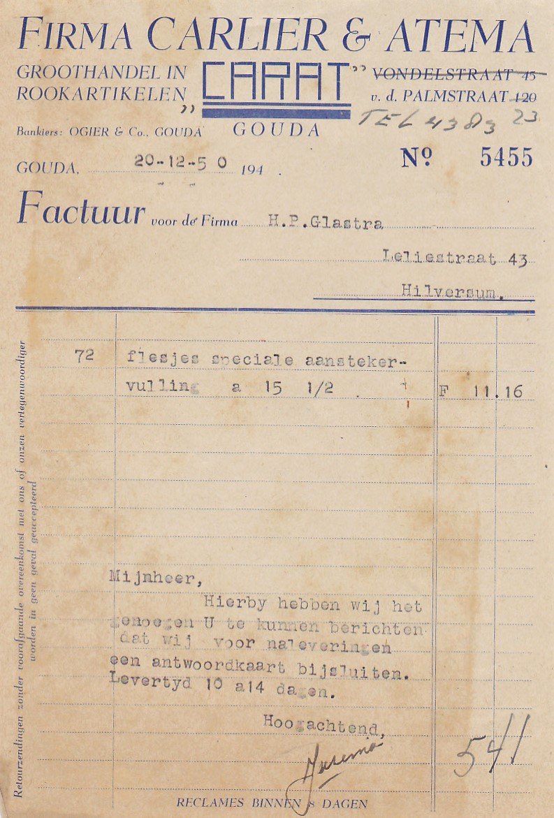 Carlier en Atema Firma, Gouda, anno 20-12-1950 M Carlier en Atema Firma, Gouda, anno 20-12-1950 M