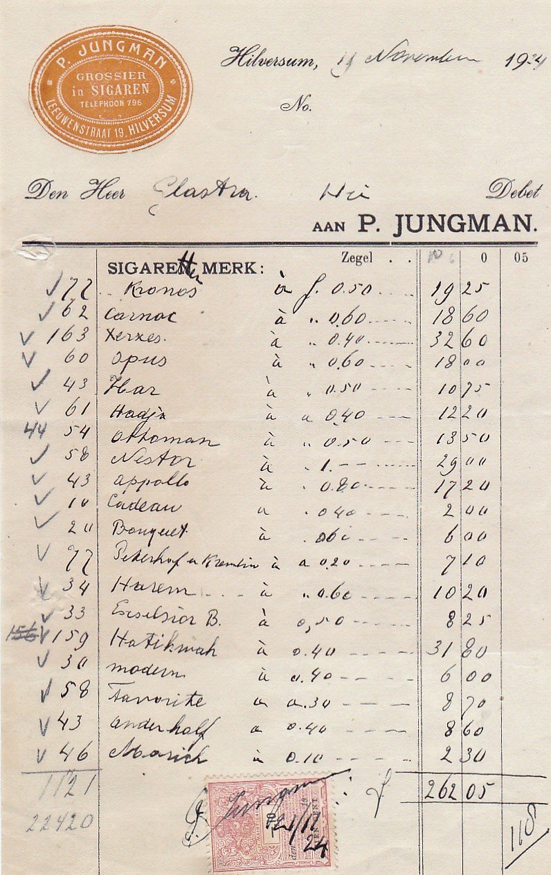 Jungman P., Grossier in Sigaren, Hilversum, anno 19-november-1924 M Jungman P., Grossier in Sigaren, Hilversum, anno 19-november-1924 M