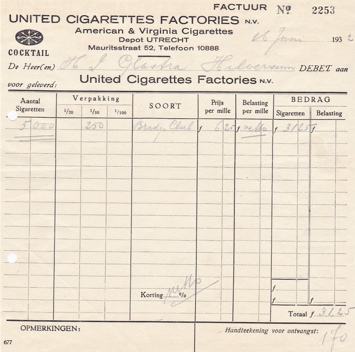United Cigarettes Factories N.V., Amsterdam - Utrecht, anno 16-Juni-1932 M United Cigarettes Factories N.V., Amsterdam - Utrecht, anno 16-Juni-1932 M