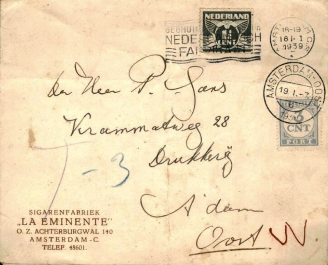 Eminente La, Sigarenfabriek, Amsterdam, anno 19-1-1939 ENVELOP MP Eminente La, Sigarenfabriek, Amsterdam, anno 19-1-1939 ENVELOP MP