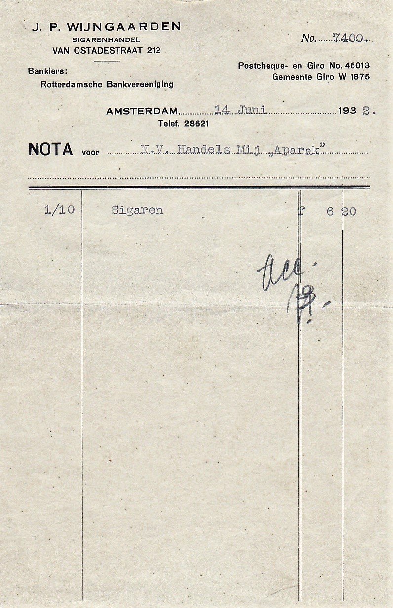 Wijngaarden J.P., Sigarenhandel, Amsterdam, anno 14-Juni-1932 M Wijngaarden J.P., Sigarenhandel, Amsterdam, anno 14-Juni-1932 M