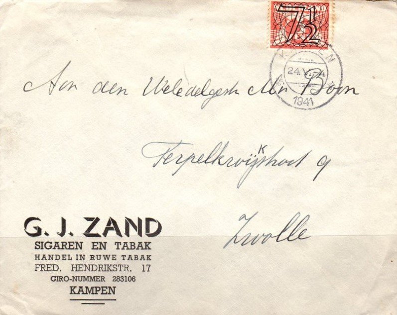 Zand C.J. sigaren en tabak - Kampen anno 1941 ENVELOP MP Zand C.J. sigaren en tabak - Kampen anno 1941 ENVELOP MP