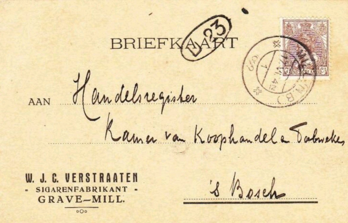 Verstraaten W.J.C. Sigarenfabrikant - Grave- Mill anno 1922 BRIEFKAART MP Verstraaten W.J.C. Sigarenfabrikant - Grave- Mill anno 1922 BRIEFKAART MP