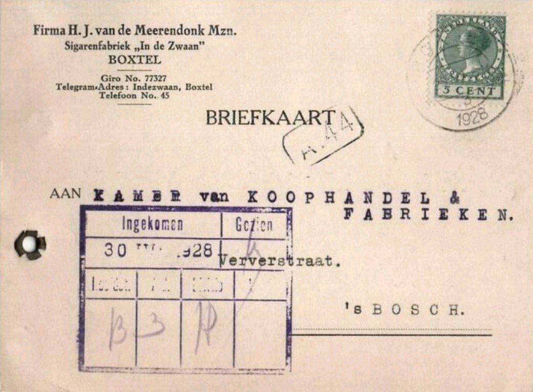 Meerendonk H.J. van de Mzn. Sigarenfabriek .In de Zwaan - Boxtel anno 1928 BRIEFKAART MP Meerendonk H.J. van de Mzn. Sigarenfabriek .In de Zwaan - Boxtel anno 1928 BRIEFKAART MP