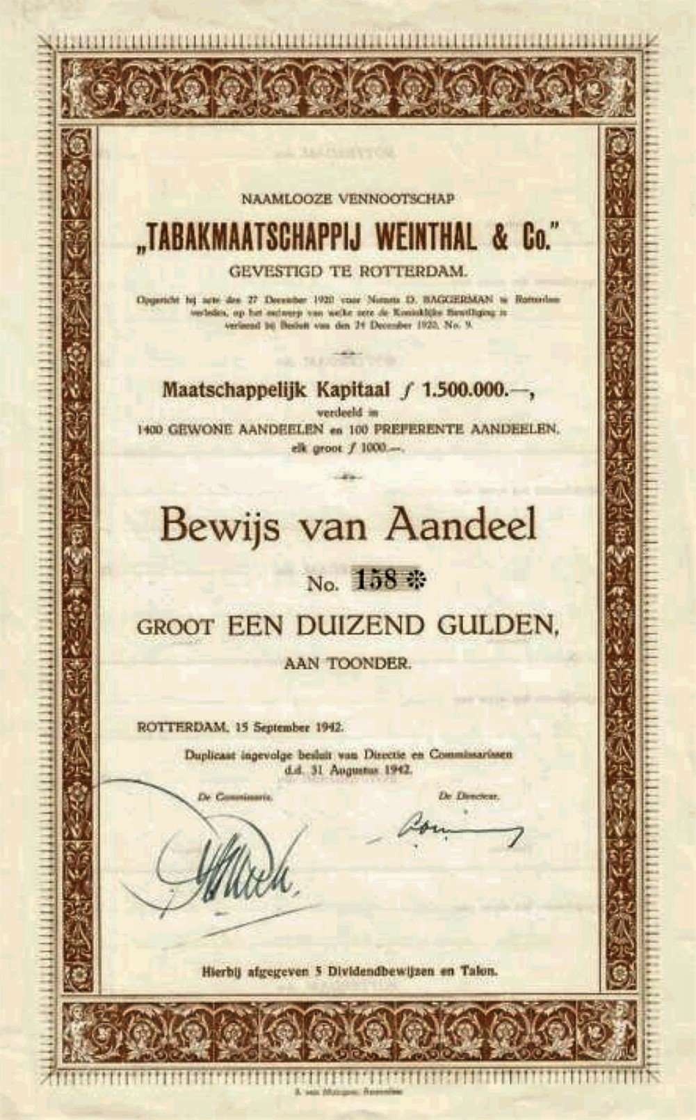 Weinthal en Co, Tabak maatschappij, Rotterdam, anno 1942, AANDEEL,  MP