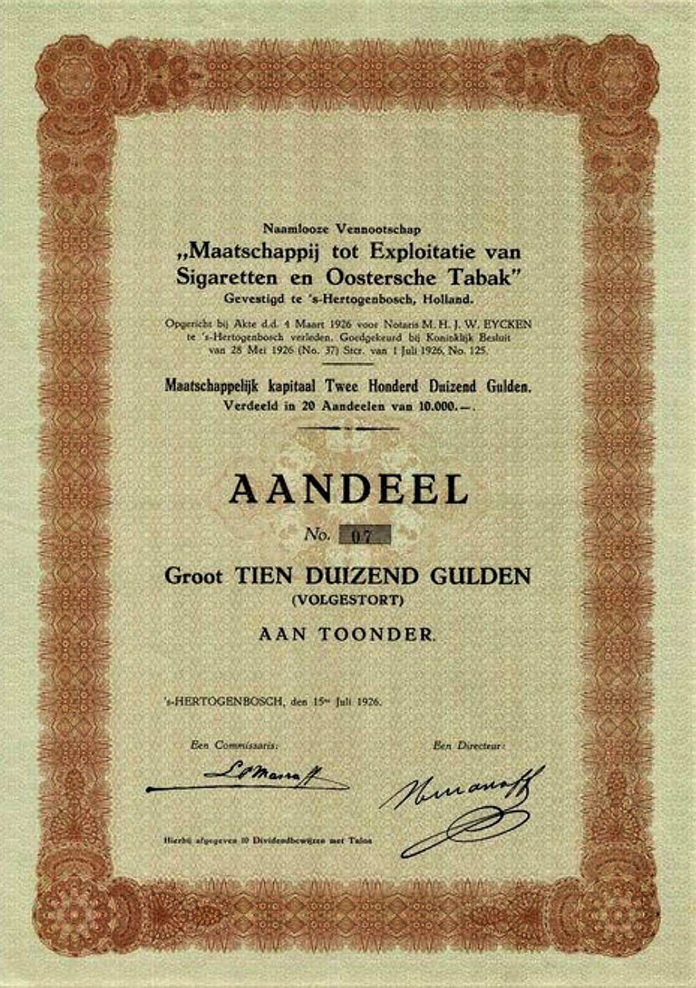 Maatschappij tot Exploitatie van Sigaretten en Oostersche Tabak, sHertogenbosch, anno 1926, AANDEEL MP Maatschappij tot Exploitatie van Sigaretten en Oostersche Tabak, sHertogenbosch, anno 1926, AANDEEL MP