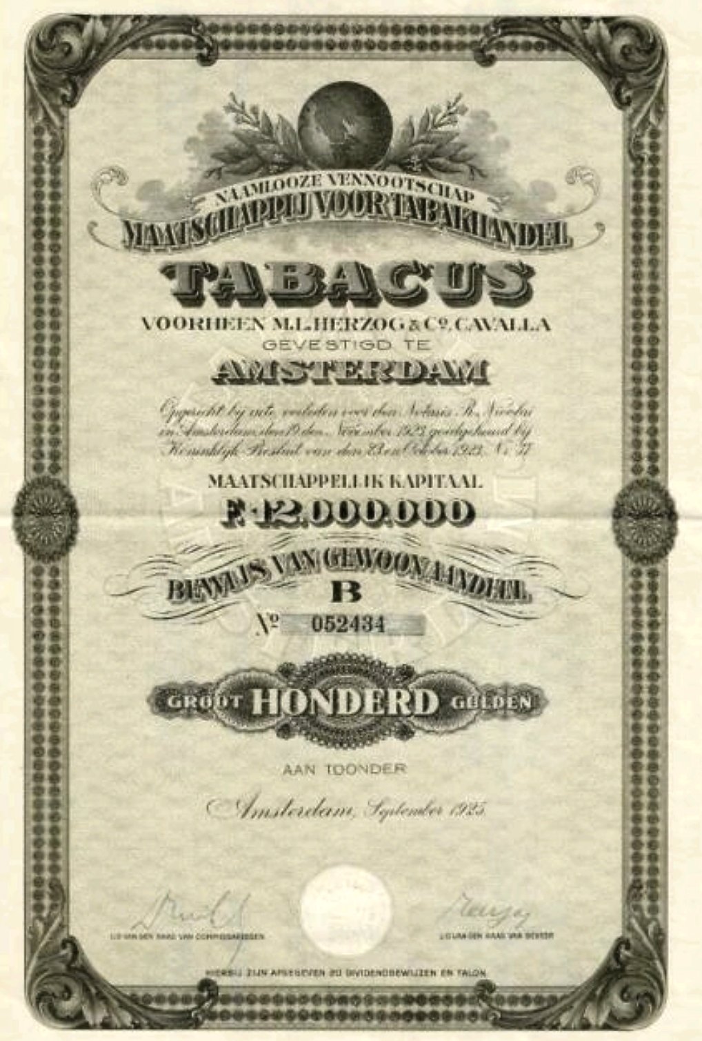 Tabacus N.V. Maatschappij voor Tabakhandel anno 1925, AANDEEL MP Tabacus N.V. Maatschappij voor Tabakhandel anno 1925, AANDEEL MP