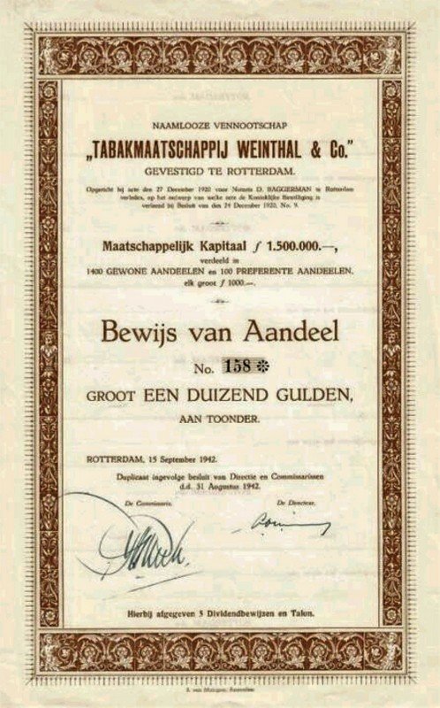 Weinthal & Co. Tabakmaatschappij - Rotterdam anno 1942 AANDEEL MP Weinthal & Co. Tabakmaatschappij - Rotterdam anno 1942 AANDEEL MP