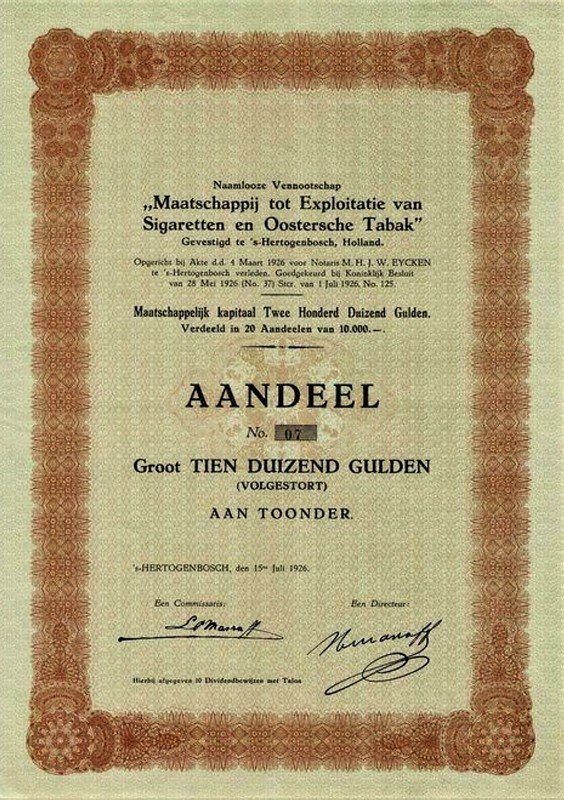 Maatschappij tot Exploitatie van Sigaretten en Oostersche Tabak, sHertogenbosch, anno 1926, AANDEEL MP Maatschappij tot Exploitatie van Sigaretten en Oostersche Tabak, sHertogenbosch, anno 1926, AANDEEL MP