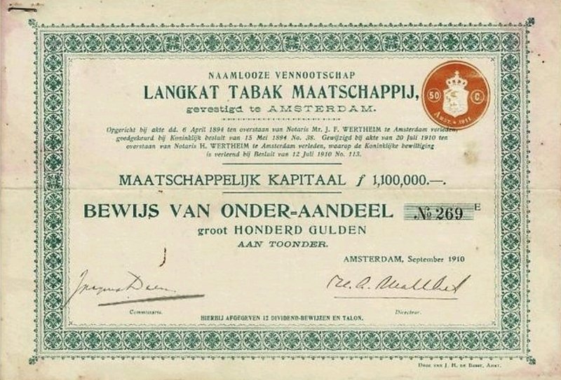 Langkat Tabak Maatschappij N.V. - Amsterdam anno 1910 AANDEEL MP Langkat Tabak Maatschappij N.V. - Amsterdam anno 1910 AANDEEL MP