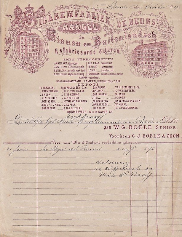 Bolsa La Sigarenfabriek N.V. vh C.J.Boele - Kampen anno October 1890 M Bolsa La Sigarenfabriek N.V. vh C.J.Boele - Kampen anno October 1890 M