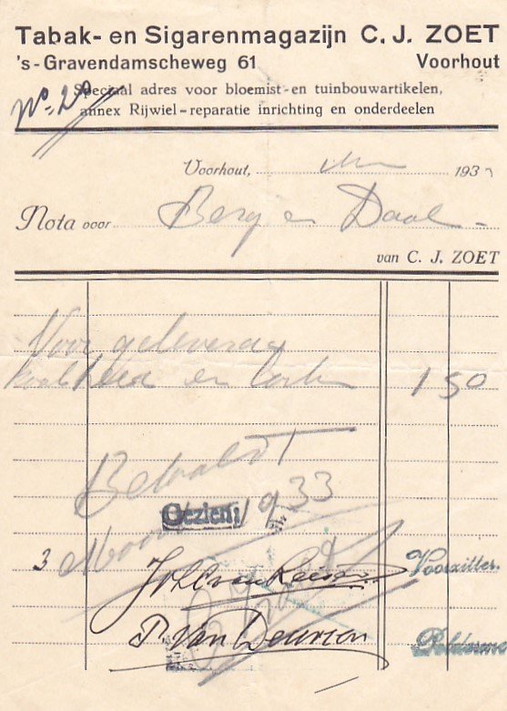 Zoet C.J. Tabak-en Sigaren magazijn - Voorhout anno 1934 M Zoet C.J. Tabak-en Sigaren magazijn - Voorhout anno 1934 M