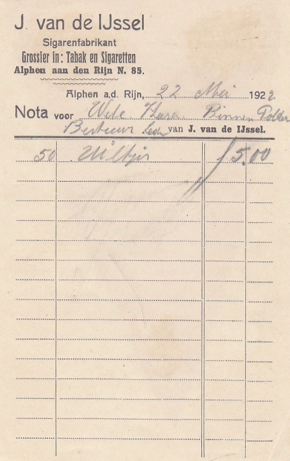 IJssel J. van de Sigarenfabrikant Grossier in Tabak en Sigaren - Alphen a.d. Rijn anno 22-Mei-1922 M IJssel J. van de Sigarenfabrikant Grossier in Tabak en Sigaren - Alphen a.d. Rijn anno 22-Mei-1922 M