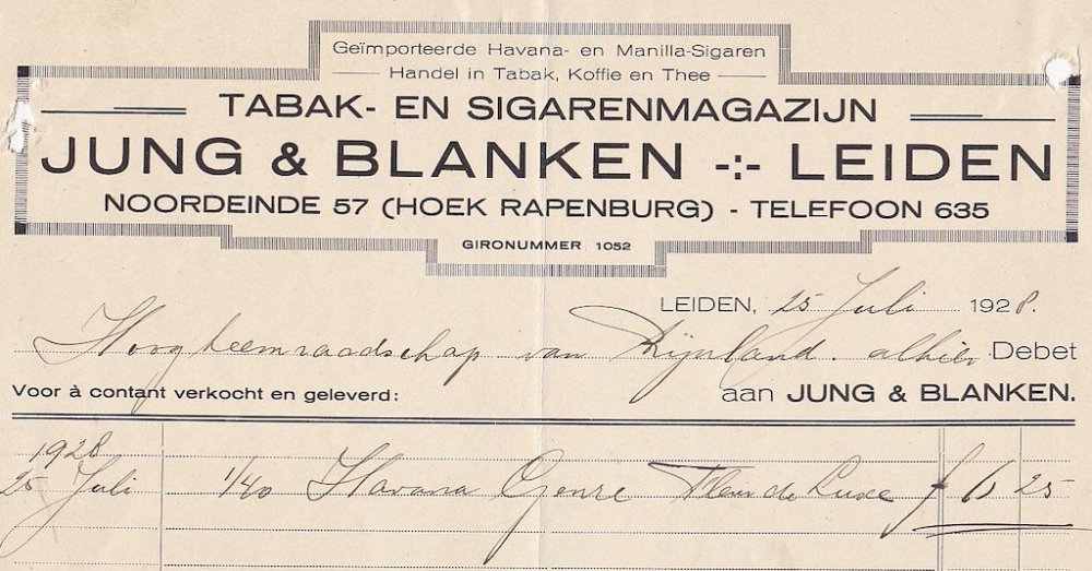 Jung en Blanken Tabak-en Sigarenmagazijn - Leiden anno 25 Juli 1928 M Jung en Blanken Tabak-en Sigarenmagazijn - Leiden anno 25 Juli 1928 M