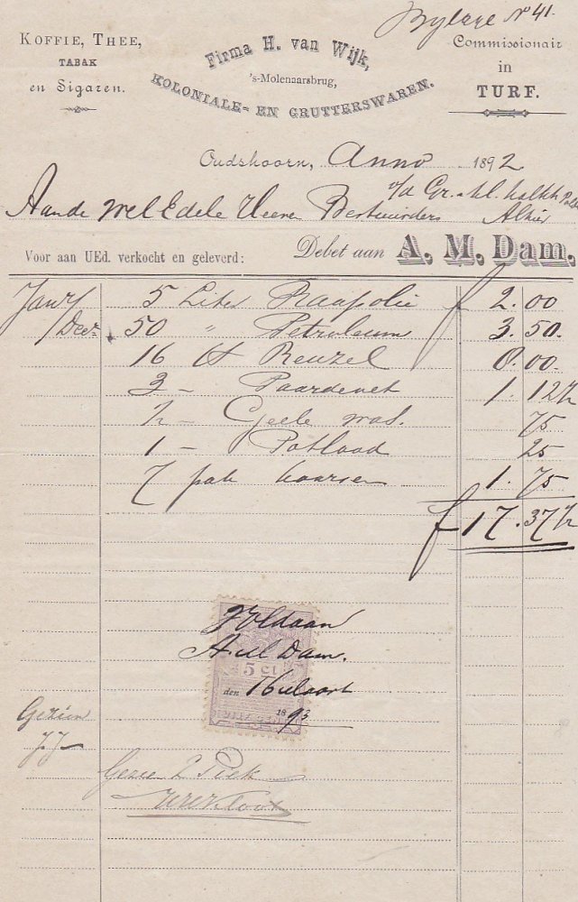 Wijk H. van Firma Koffie Thee Tabak en Sigaren - Oudshoorn anno 1892 M Wijk H. van Firma Koffie Thee Tabak en Sigaren - Oudshoorn anno 1892 M