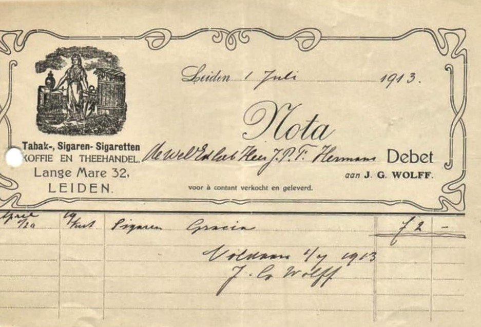 Wolff J.G. Tabak-Sigaren-Sigaretten en Theehandel - Leiden anno 1-Juli-1913 MP Wolff J.G. Tabak-Sigaren-Sigaretten en Theehandel - Leiden anno 1-Juli-1913 MP