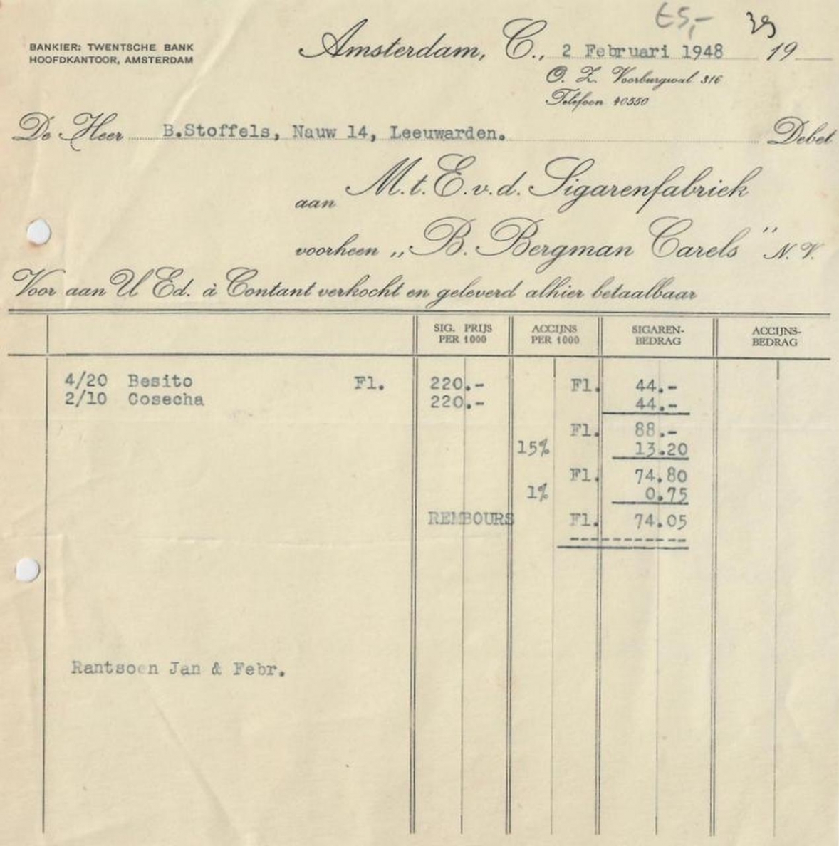 Bergman Carels & Co. M. t. E. v.d. Sigarenfabriek - Amsterdam 2-21-1948  L