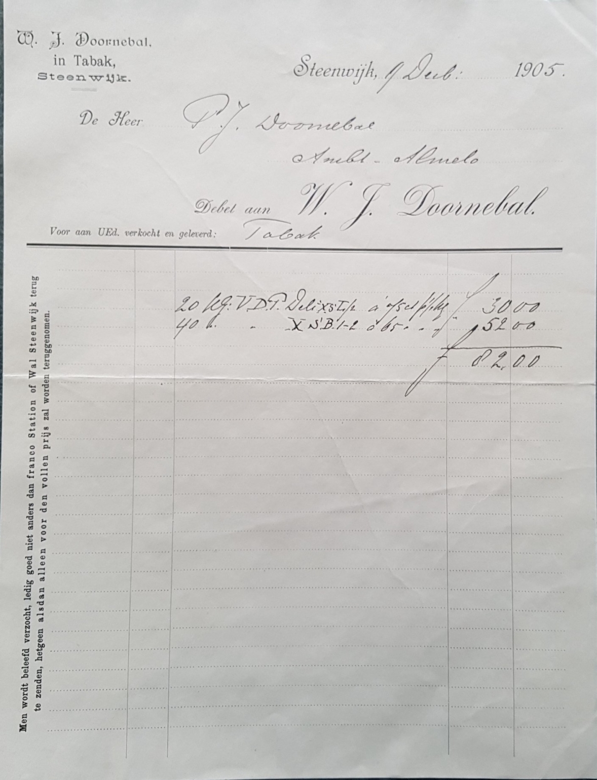 Doornebal W.J. in Tabak - Steenwijk 9 Dec 1905  M
