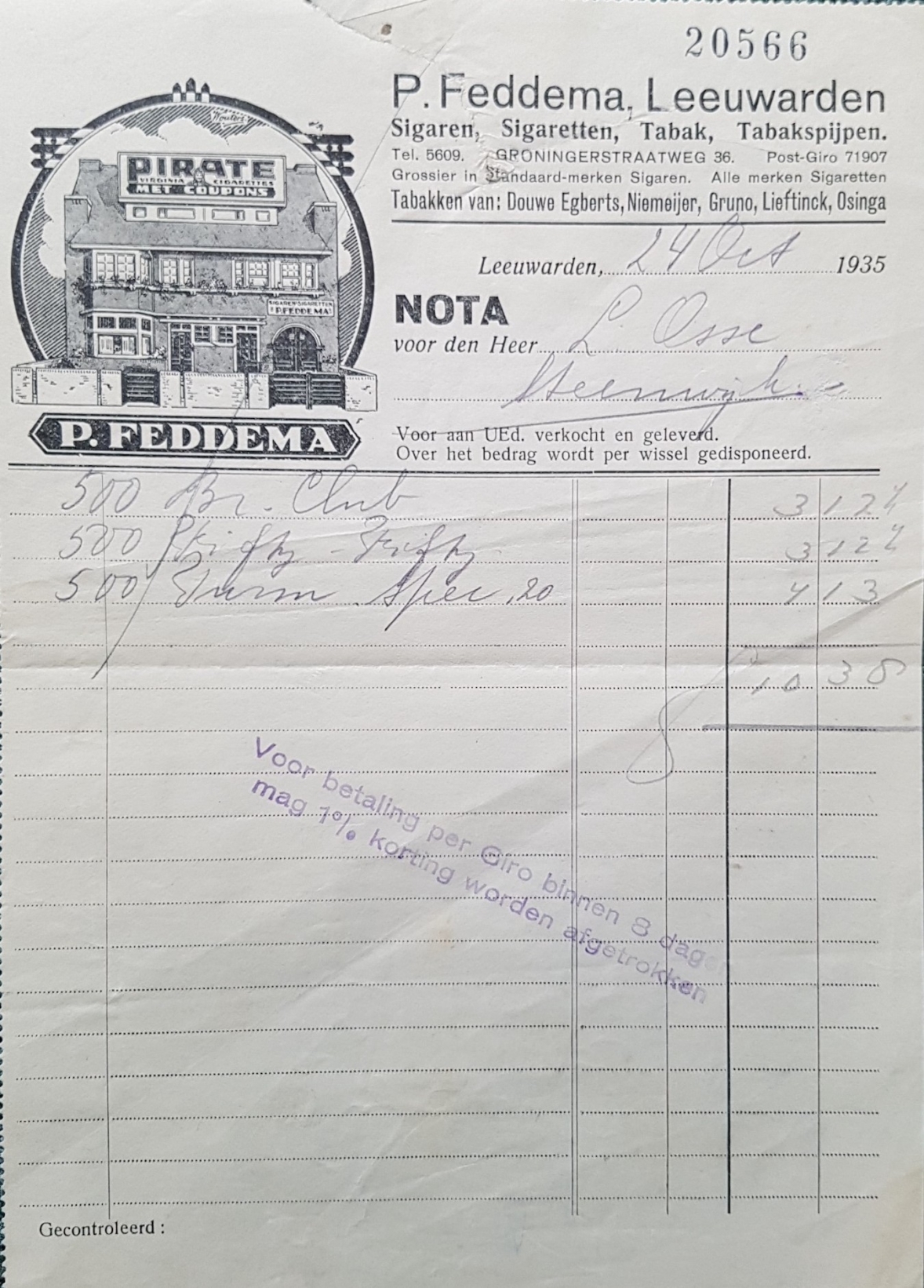 Feddema P. Grossier - Leeuwarden 24 Okt 1935  M