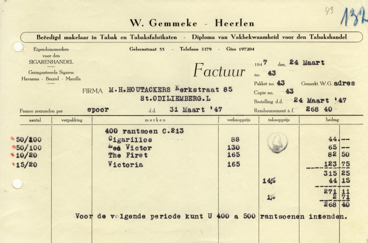 Gemmeke W. Makelaar in Tabaksfabrikaten - Heerlen 24 Mrt 1947 M Gemmeke W. Makelaar in Tabaksfabrikaten - Heerlen 24 Mrt 1947 M